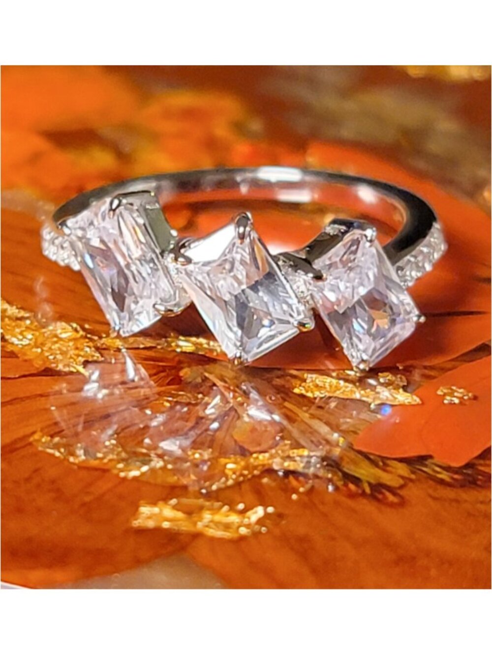 3 Stone CZ Ring Emerald Cut Sterling Silver Size 5 Dainty NWT